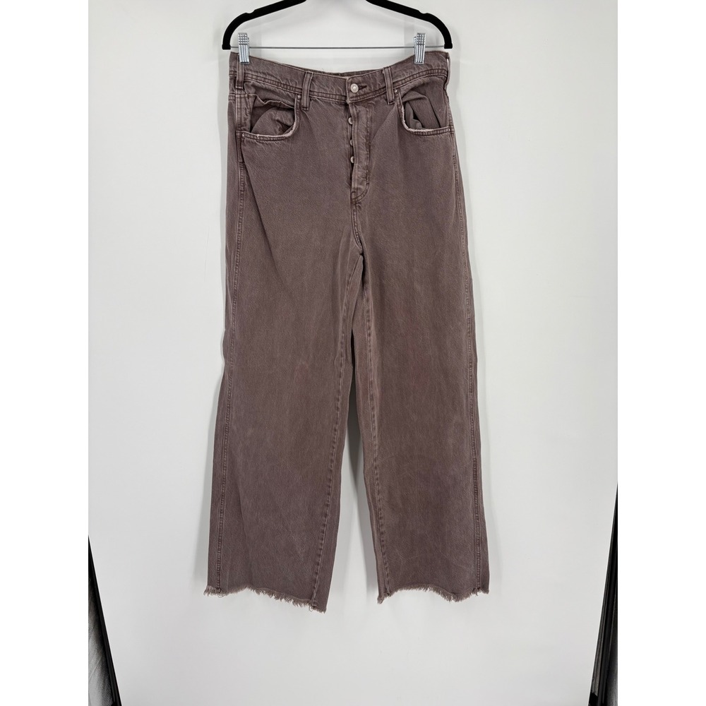 We The Free Free People Wide Leg Jeans Brown Mauve High Rise Raw Hem Size 28 - Picture 2 of 3